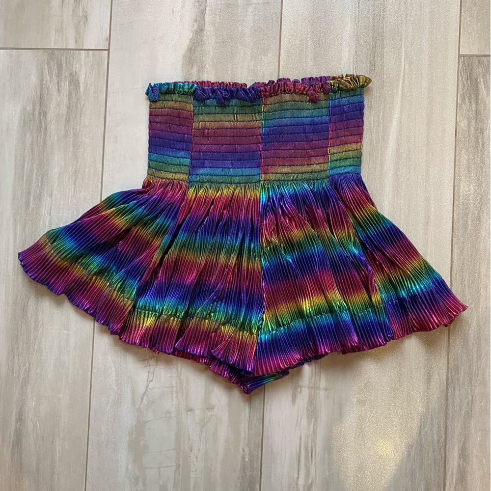 NWT Queen of Sparkles Blue Rainbow Metallic Smocked Swing Shorts, girls XL (14)
